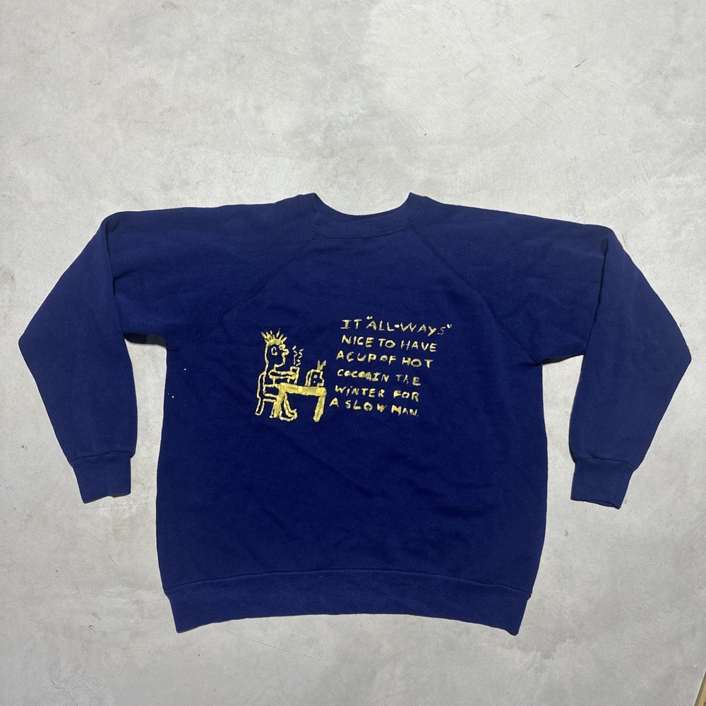 Vintage Action Sweatshirt Men's SZ L Blue Art Coffee Man Quote Graphic USA 80s